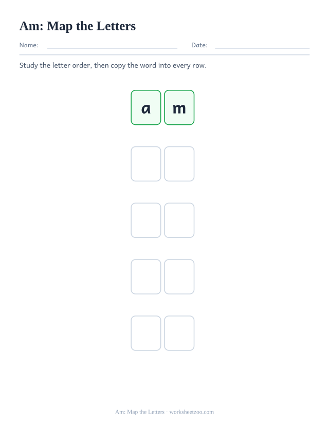 Sight word “am” worksheet, map the letters printable activity