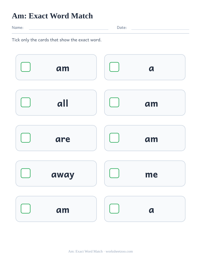 Sight word “am” worksheet, exact word match printable activity