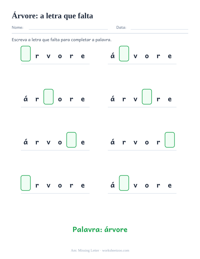 Prévia da palavra frequente “árvore”, a letra que falta