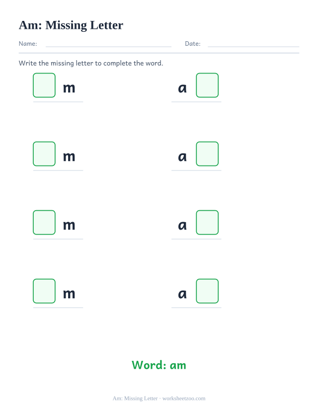 Sight word “am” worksheet, missing letter printable activity