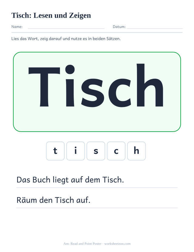 Vorschau: häufiges Wort „Tisch“, Lesen und Zeigen