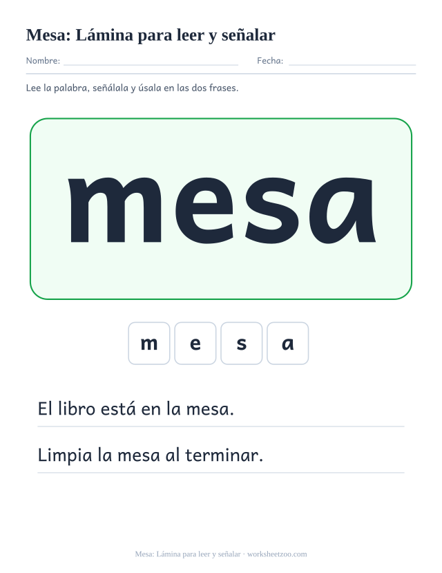 Ficha de la palabra frecuente «mesa», lámina para leer y señalar para imprimir