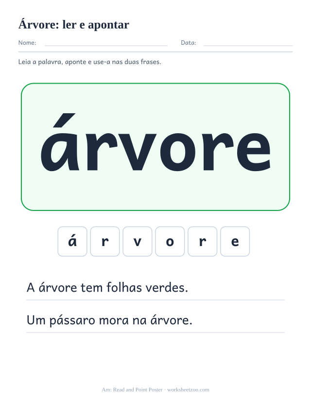 Prévia da palavra frequente “árvore”, ler e apontar