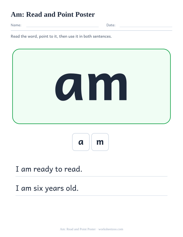 Sight word “am” worksheet, read and point poster printable activity