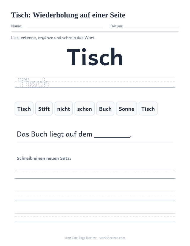 Vorschau: häufiges Wort „Tisch“, Wiederholung auf einer Seite