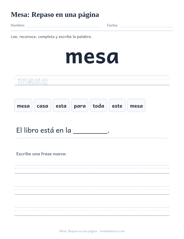 Ficha de la palabra frecuente «mesa», repaso en una página para imprimir