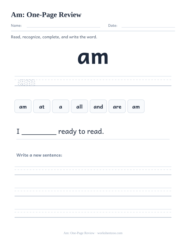 Sight word “am” worksheet, one-page review printable activity