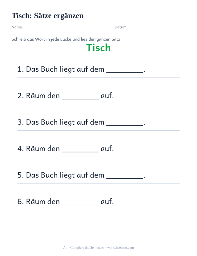 Vorschau: häufiges Wort „Tisch“, Sätze ergänzen