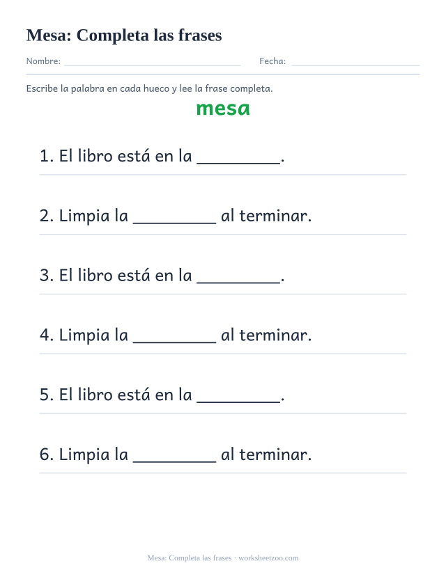 Ficha de la palabra frecuente «mesa», completa las frases para imprimir