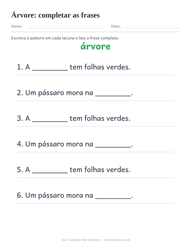 Prévia da palavra frequente “árvore”, completar as frases