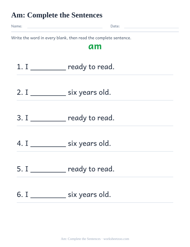 Sight word “am” worksheet, complete the sentences printable activity
