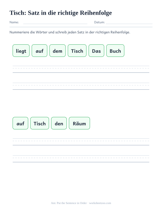 Vorschau: häufiges Wort „Tisch“, Satz in die richtige Reihenfolge