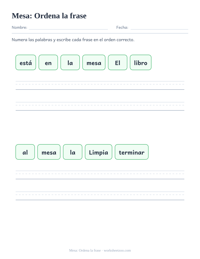 Ficha de la palabra frecuente «mesa», ordena la frase para imprimir