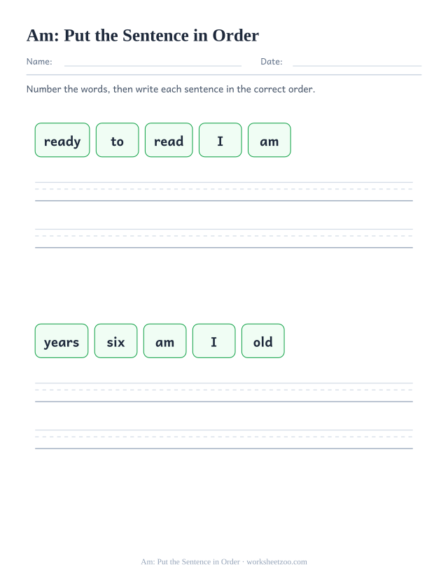 Sight word “am” worksheet, put the sentence in order printable activity