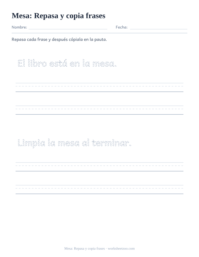 Ficha de la palabra frecuente «mesa», repasa y copia frases para imprimir