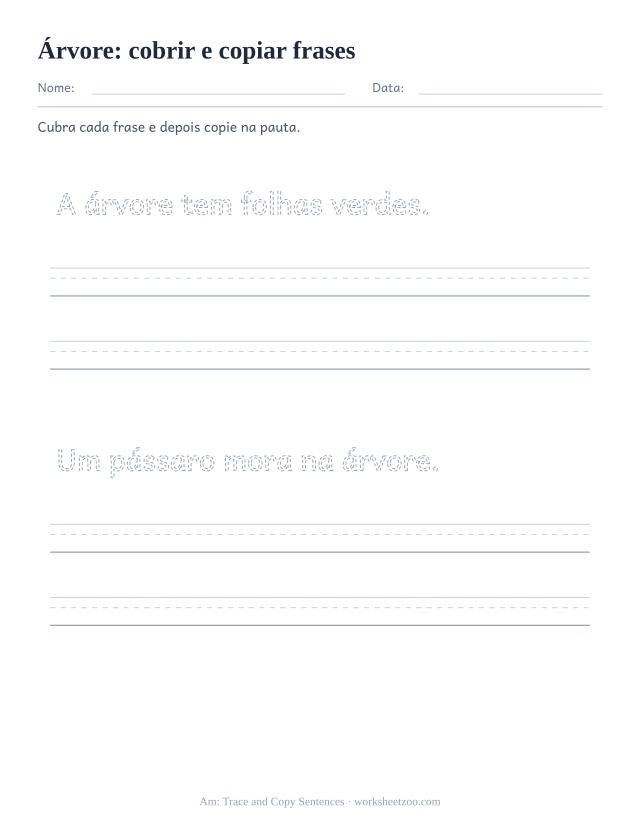 Prévia da palavra frequente “árvore”, cobrir e copiar frases