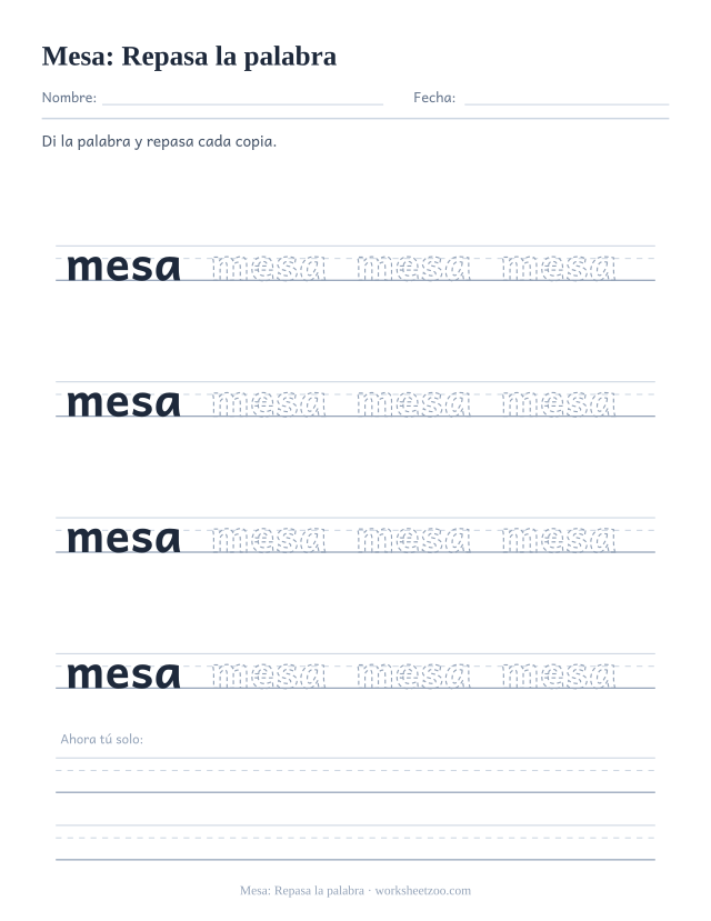 Ficha de la palabra frecuente «mesa», repasa la palabra para imprimir