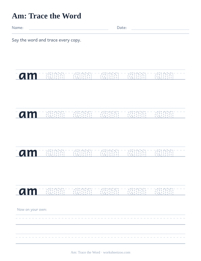 Sight word “am” worksheet, trace the word printable activity