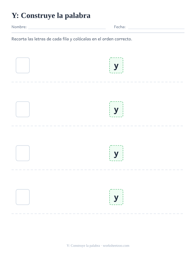 Ficha de la palabra frecuente «y», construye la palabra para imprimir