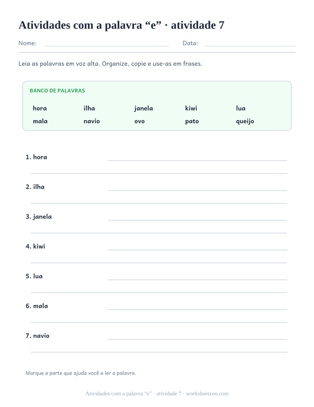 Prévia de Atividades com a palavra “e”, atividade 7 para imprimir