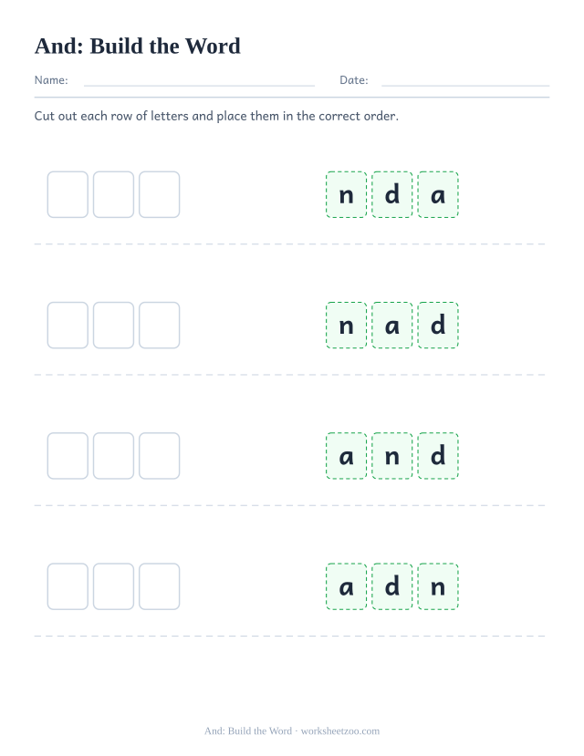 Sight word “and” worksheet, build the word printable activity
