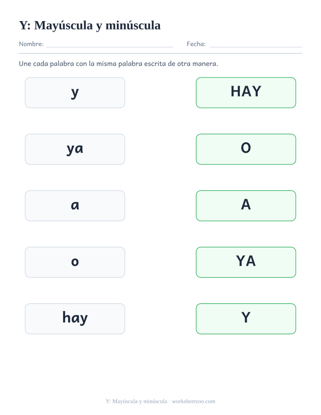 Ficha de la palabra frecuente «y», mayúscula y minúscula para imprimir