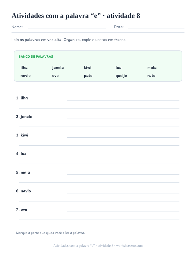 Prévia de Atividades com a palavra “e”, atividade 8 para imprimir