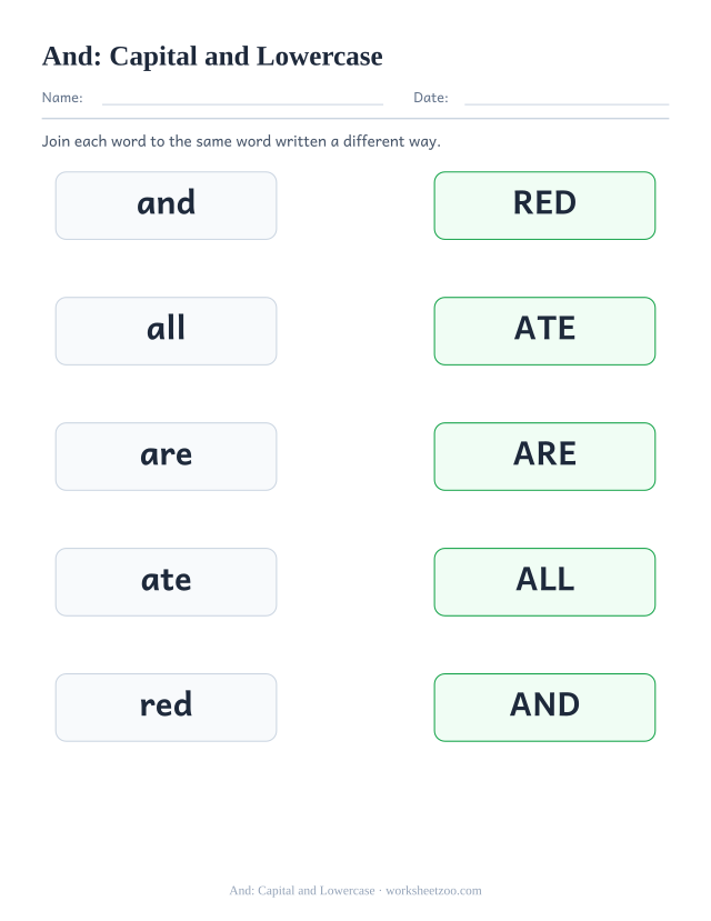 Sight word “and” worksheet, capital and lowercase printable activity