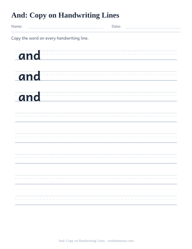 Sight word “and” worksheet, copy on handwriting lines printable activity