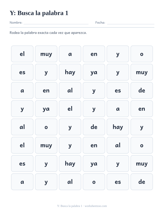 Ficha de la palabra frecuente «y», busca la palabra 1 para imprimir