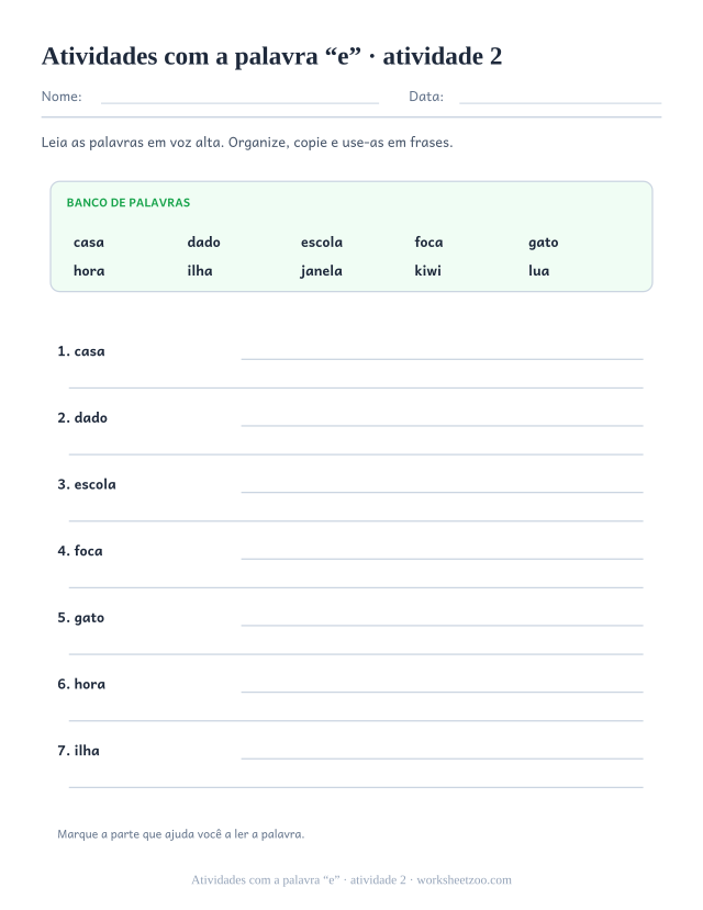 Prévia de Atividades com a palavra “e”, atividade 2 para imprimir