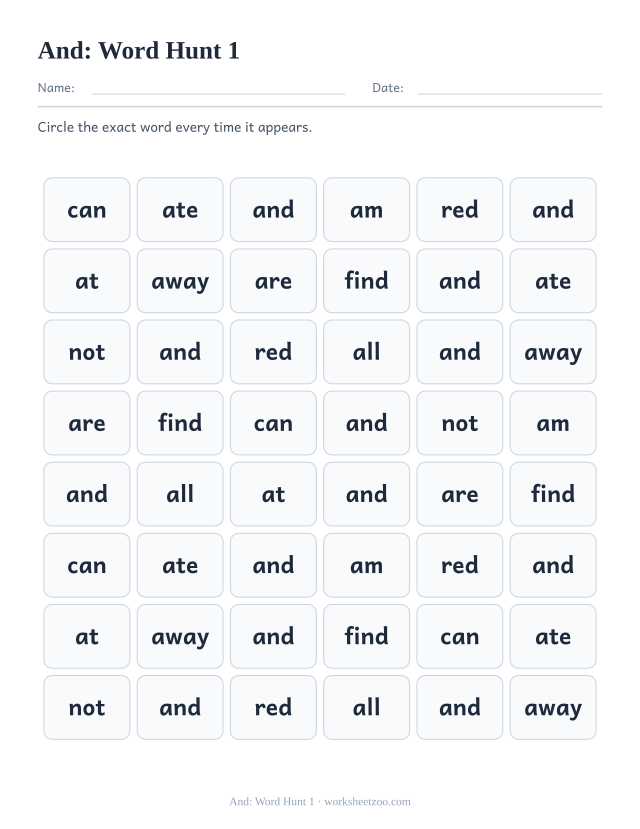 Sight word “and” worksheet, word hunt 1 printable activity