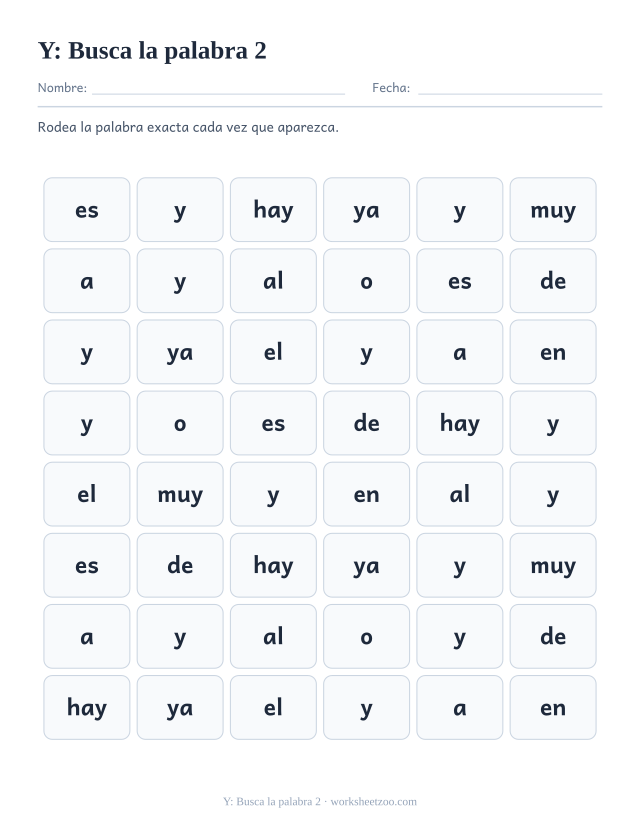 Ficha de la palabra frecuente «y», busca la palabra 2 para imprimir
