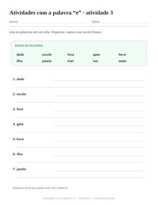 Prévia de Atividades com a palavra “e”, atividade 3 para imprimir