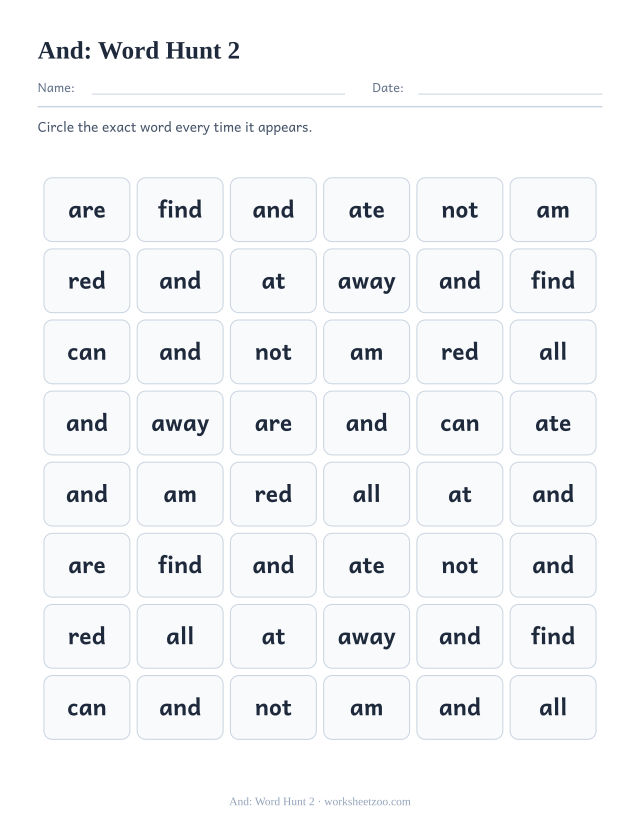 Sight word “and” worksheet, word hunt 2 printable activity