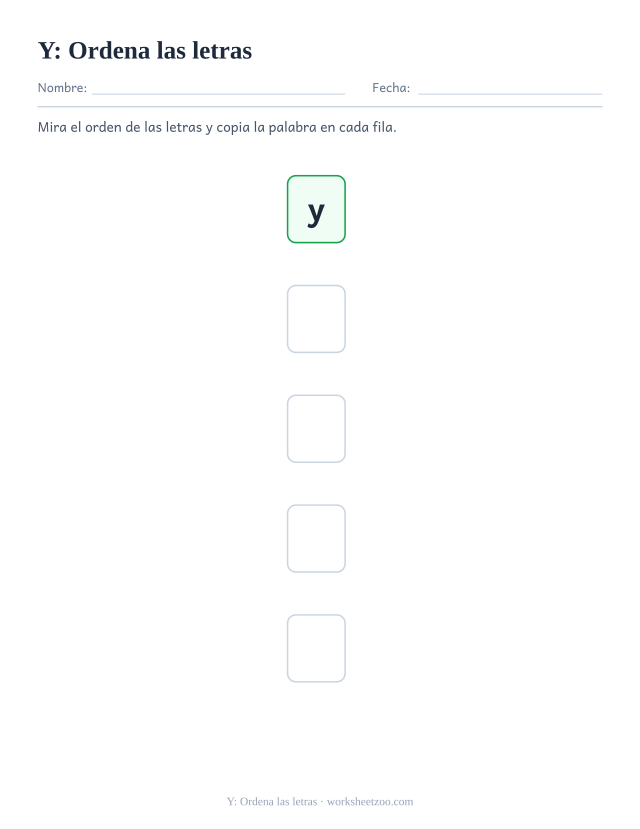 Ficha de la palabra frecuente «y», ordena las letras para imprimir