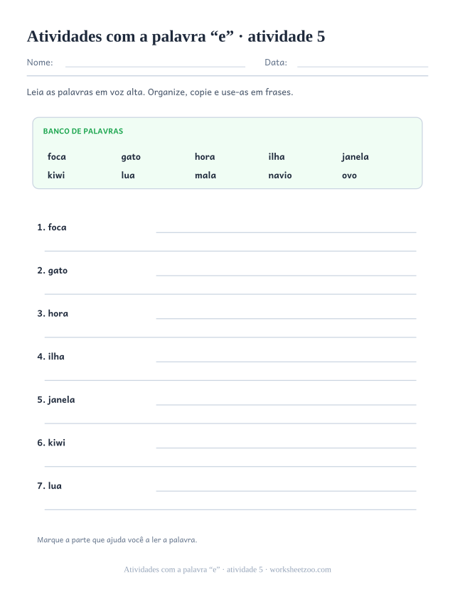 Prévia de Atividades com a palavra “e”, atividade 5 para imprimir
