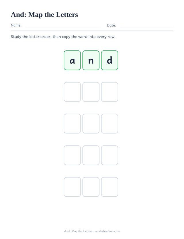 Sight word “and” worksheet, map the letters printable activity