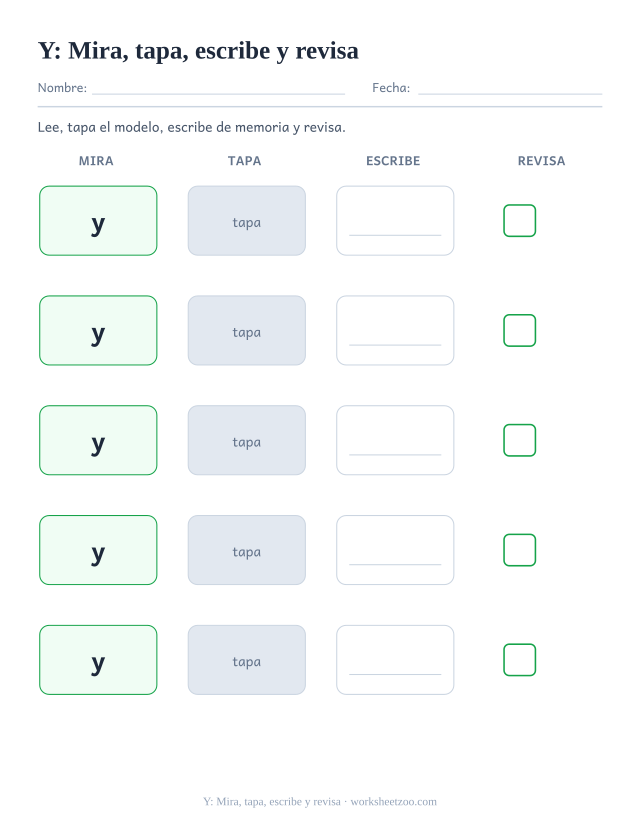Ficha de la palabra frecuente «y», mira, tapa, escribe y revisa para imprimir