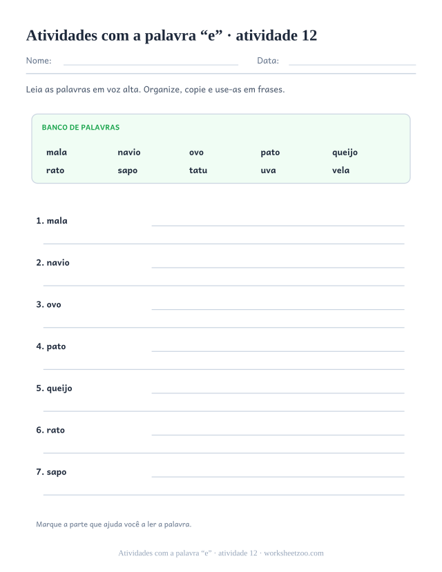 Prévia de Atividades com a palavra “e”, atividade 12 para imprimir