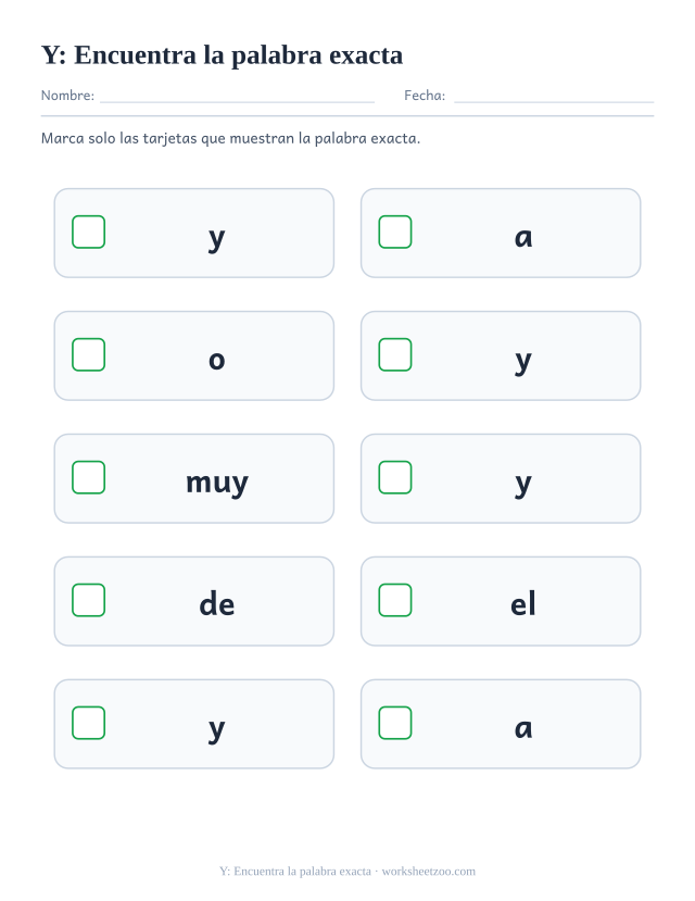 Ficha de la palabra frecuente «y», encuentra la palabra exacta para imprimir
