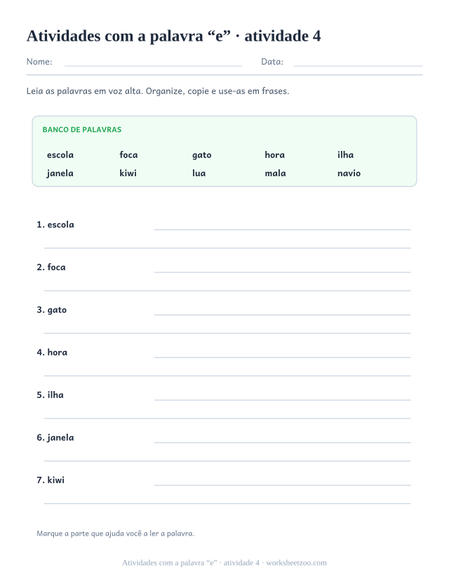 Prévia de Atividades com a palavra “e”, atividade 4 para imprimir