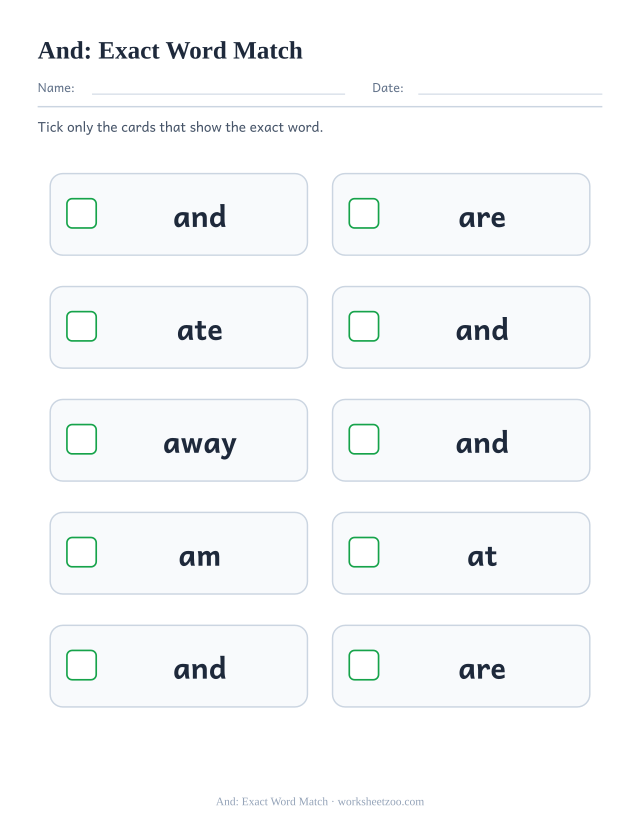 Sight word “and” worksheet, exact word match printable activity