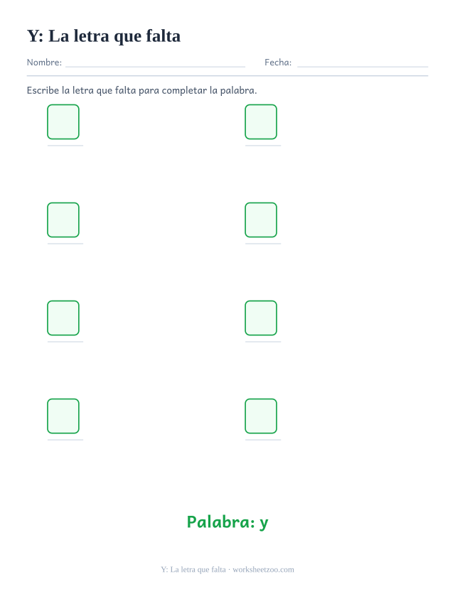 Ficha de la palabra frecuente «y», la letra que falta para imprimir