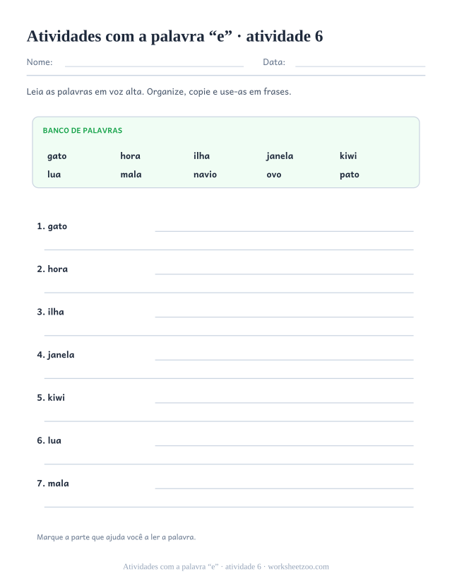 Prévia de Atividades com a palavra “e”, atividade 6 para imprimir