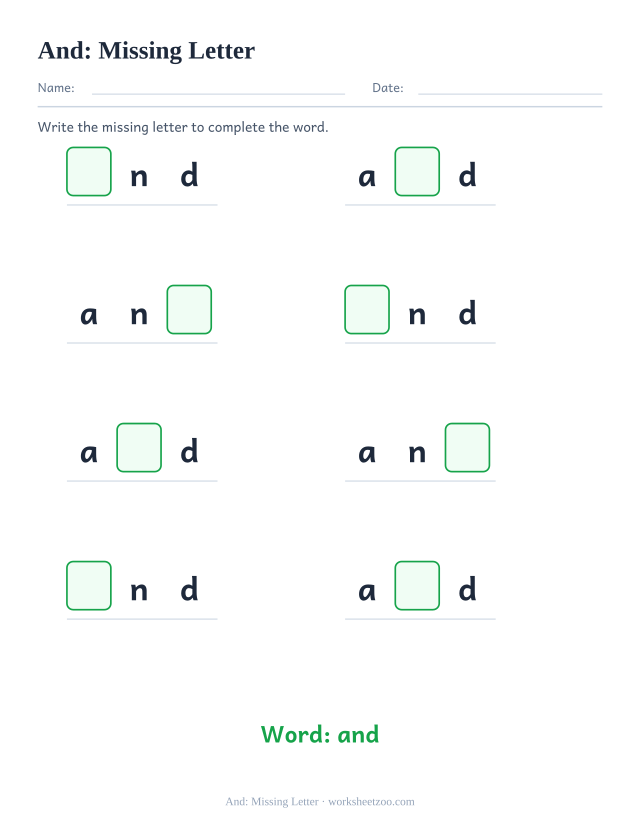 Sight word “and” worksheet, missing letter printable activity