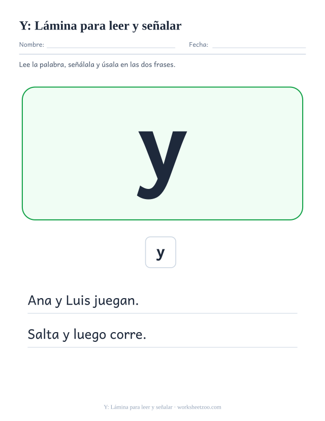 Ficha de la palabra frecuente «y», lámina para leer y señalar para imprimir