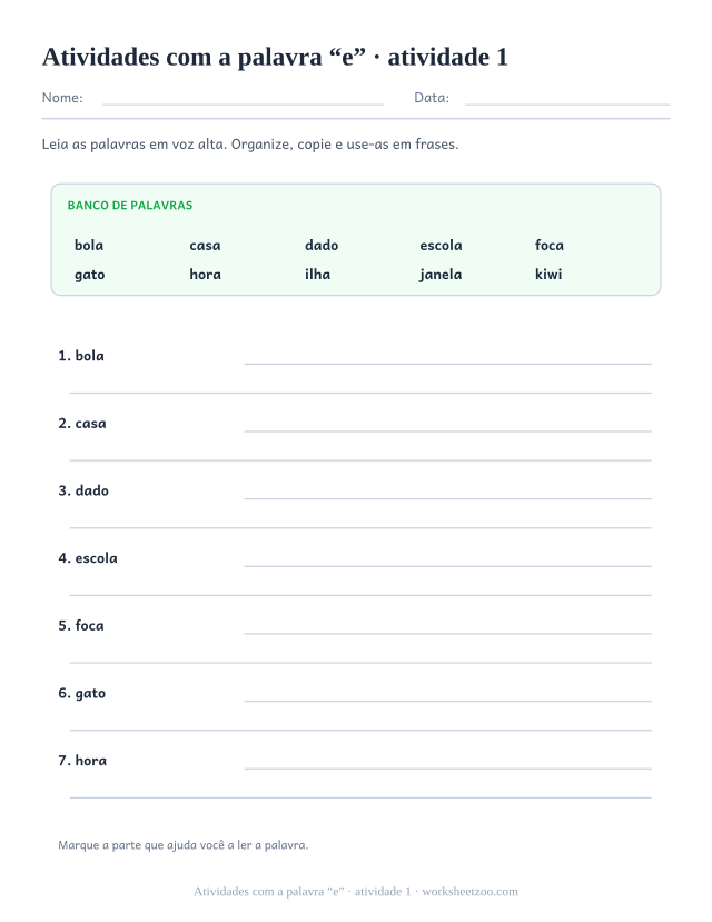 Prévia de Atividades com a palavra “e”, atividade 1 para imprimir