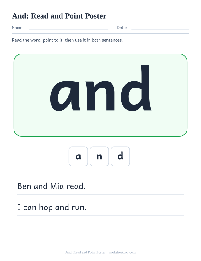 Sight word “and” worksheet, read and point poster printable activity