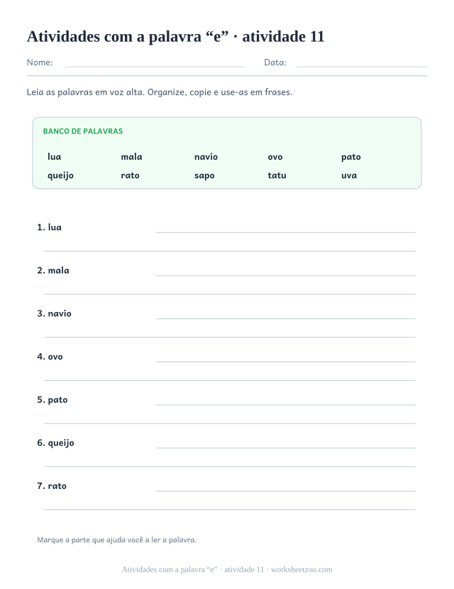Prévia de Atividades com a palavra “e”, atividade 11 para imprimir